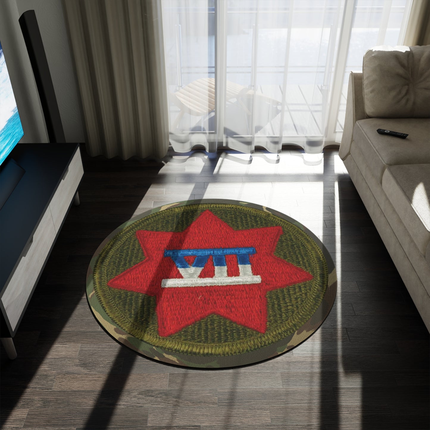 VII Corps Patch on Camo Round Rug by Printify